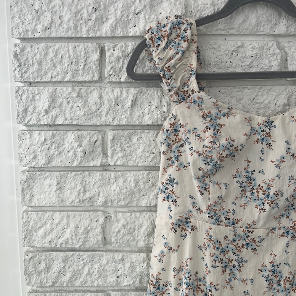 Old Navy Cream Floral Midi Dress with Blue and Brown Accents